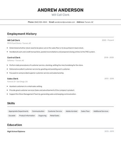 Will Call Clerk Resume