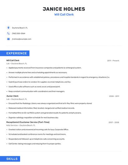 Will Call Clerk Resume