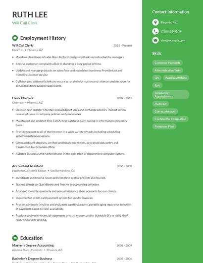 Will Call Clerk Resume