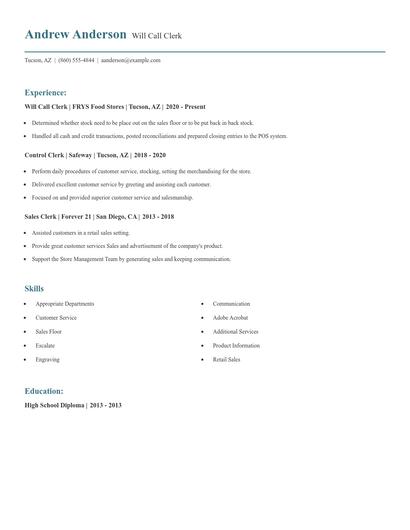 Will Call Clerk Resume