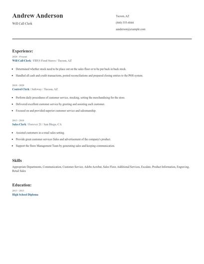 Will Call Clerk Resume