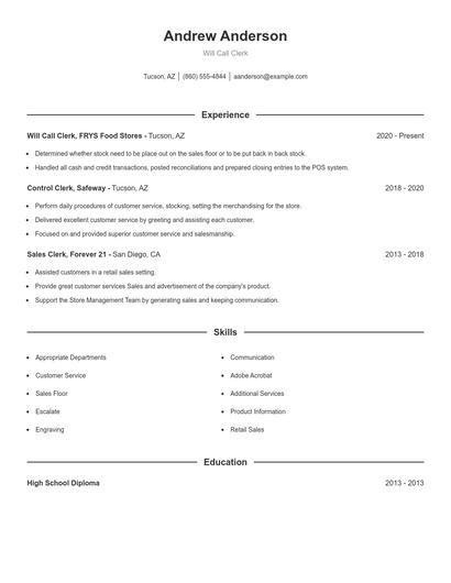 Will Call Clerk Resume