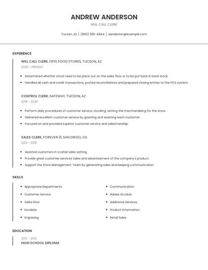 Will Call Clerk Resume