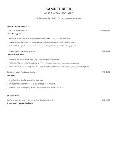 Wind Energy Mechanic Resume