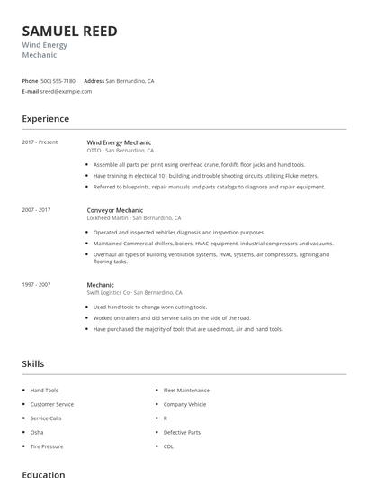 Wind Energy Mechanic Resume