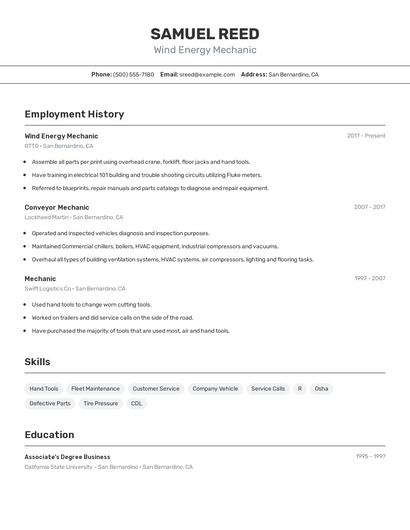 Wind Energy Mechanic Resume