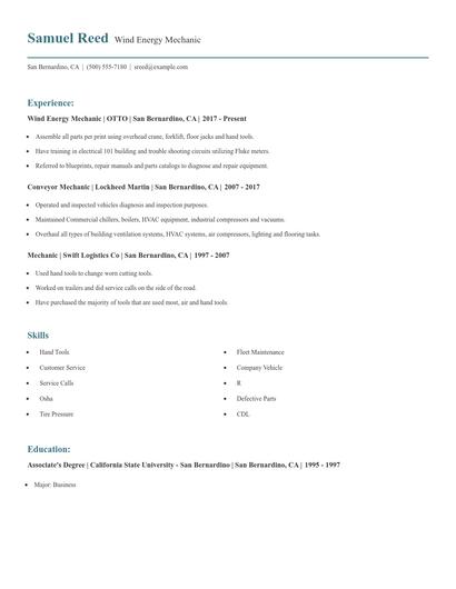 Wind Energy Mechanic Resume
