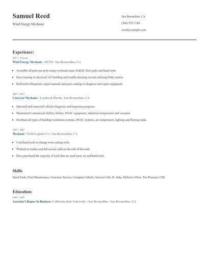 Wind Energy Mechanic Resume