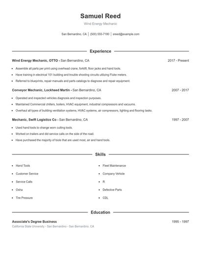Wind Energy Mechanic Resume