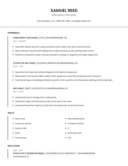 Wind Energy Mechanic Resume