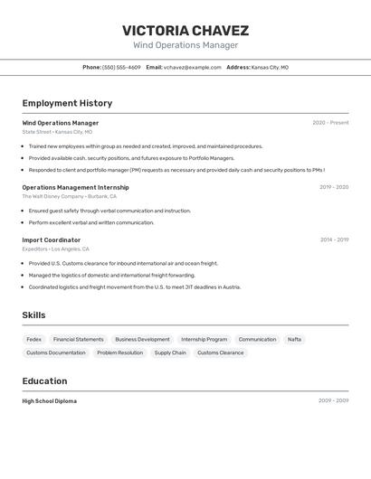 Wind Operations Manager Resume