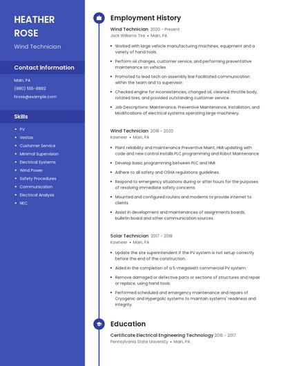 Wind Technician Resume