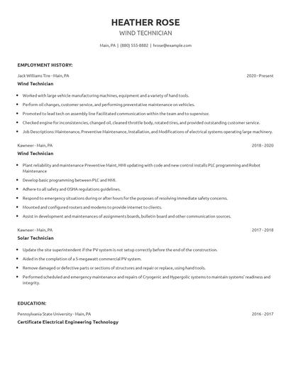 Wind Technician Resume