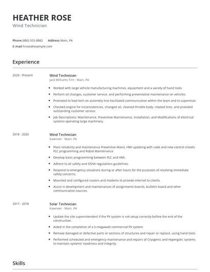 Wind Technician Resume