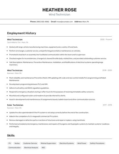 Wind Technician Resume