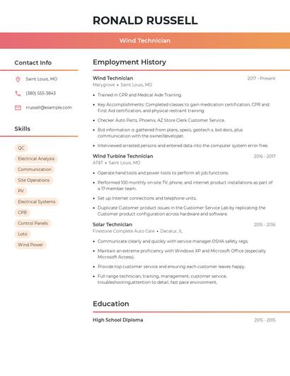 Wind Technician Resume