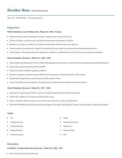Wind Technician Resume