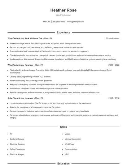 Wind Technician Resume
