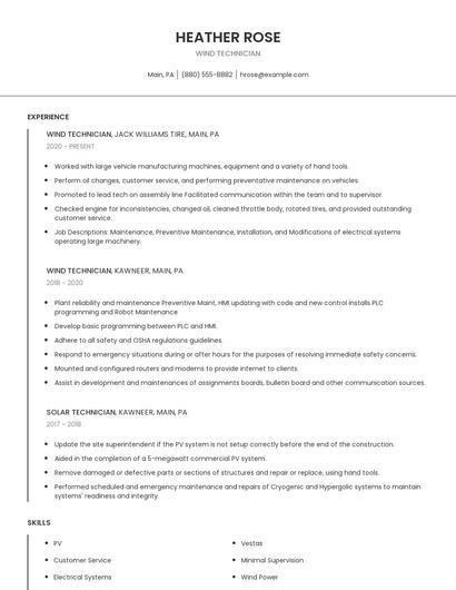 Wind Technician Resume