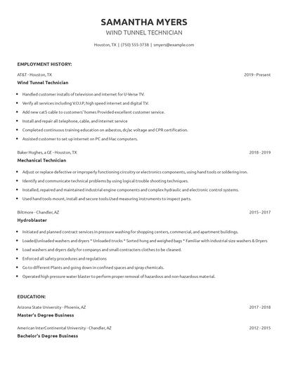 Wind Tunnel Technician Resume