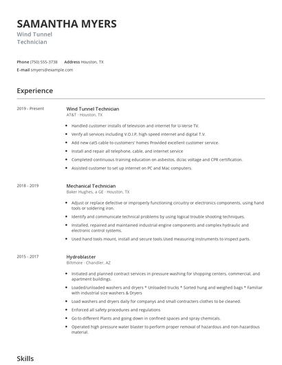 Wind Tunnel Technician Resume