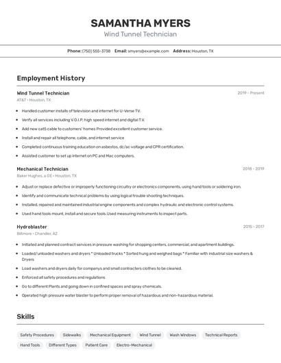 Wind Tunnel Technician Resume