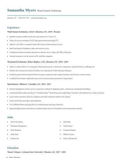 Wind Tunnel Technician Resume
