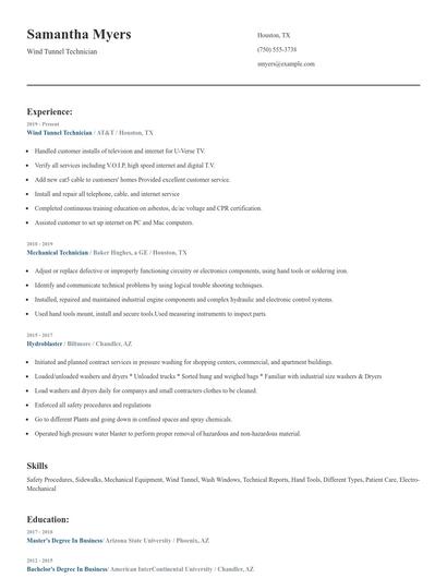Wind Tunnel Technician Resume