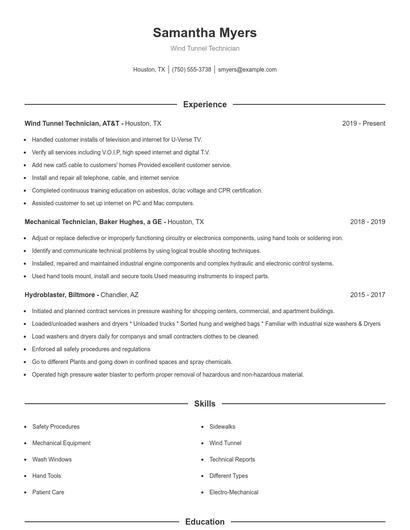 Wind Tunnel Technician Resume