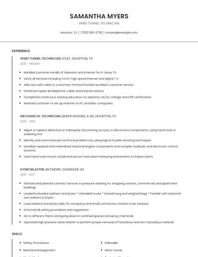 Wind Tunnel Technician Resume