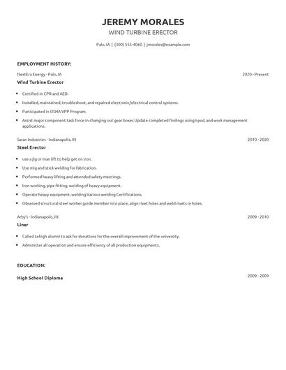 Wind Turbine Erector Resume