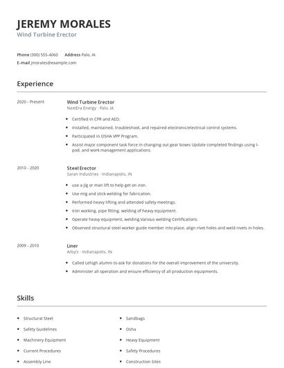 Wind Turbine Erector Resume