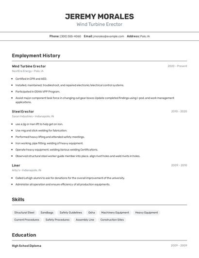 Wind Turbine Erector Resume