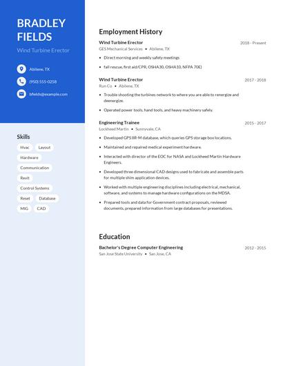 Wind Turbine Erector Resume