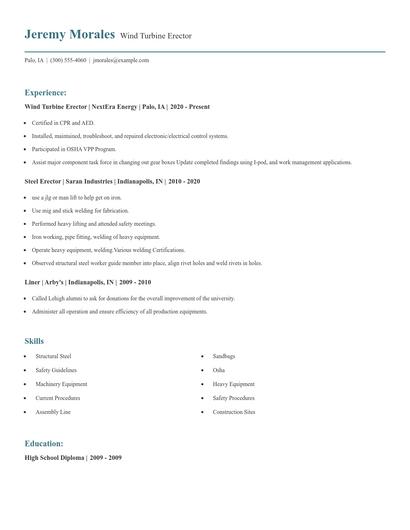Wind Turbine Erector Resume