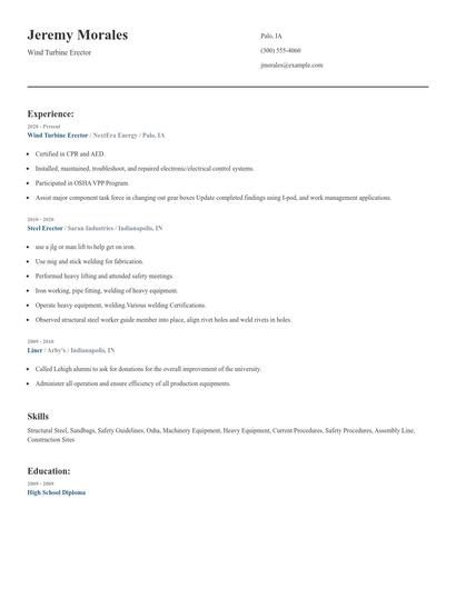 Wind Turbine Erector Resume