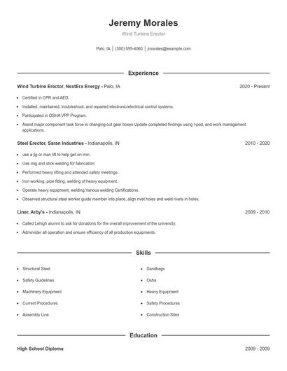 Wind Turbine Erector Resume