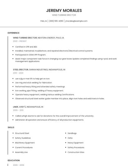 Wind Turbine Erector Resume