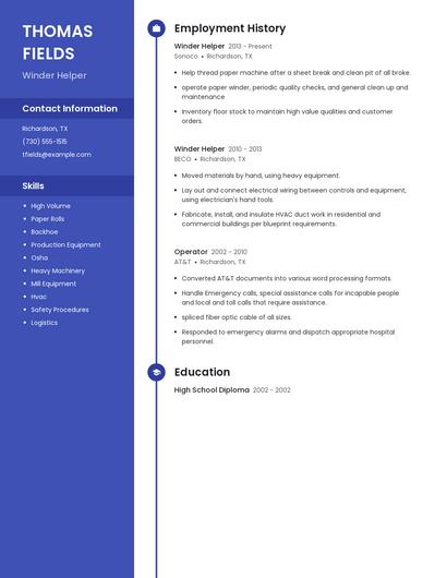 Winder Helper Resume