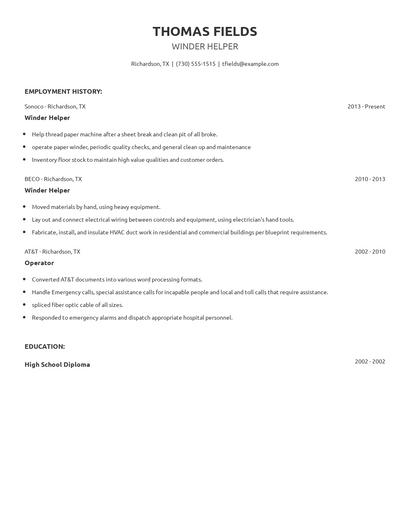 Winder Helper Resume