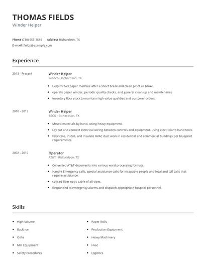 Winder Helper Resume