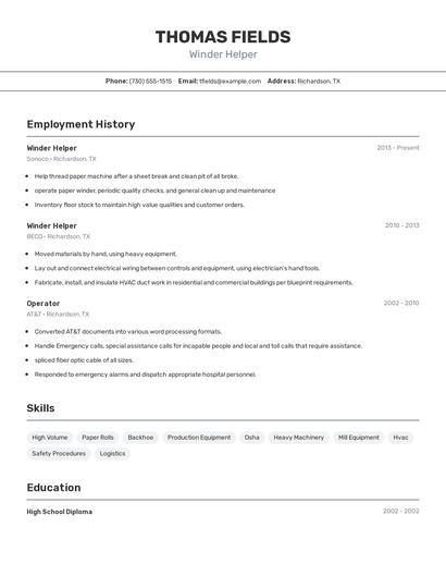Winder Helper Resume