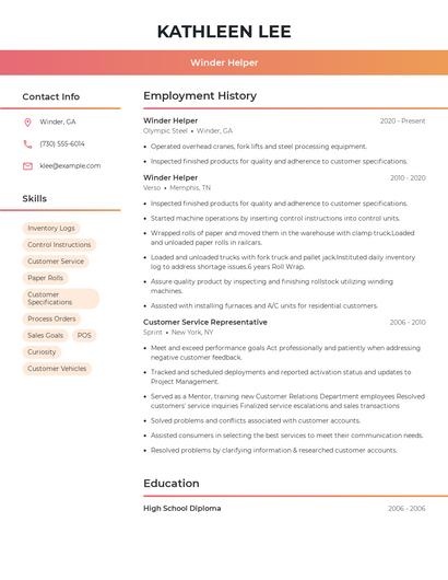 Winder Helper Resume