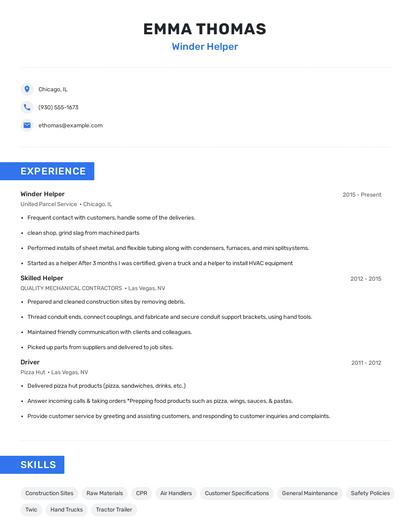 Winder Helper Resume