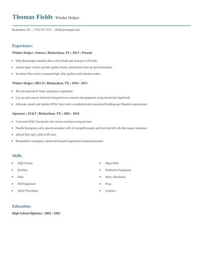 Winder Helper Resume