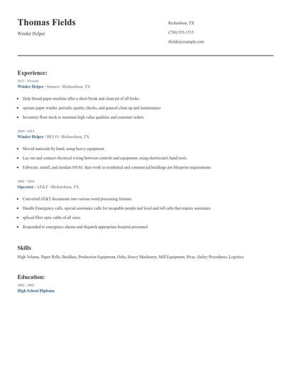 Winder Helper Resume