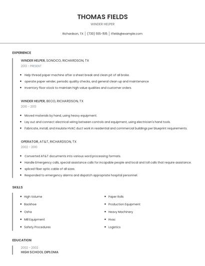 Winder Helper Resume