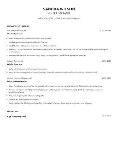 Winder Operator Resume