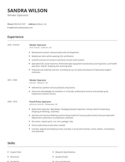 Winder Operator Resume