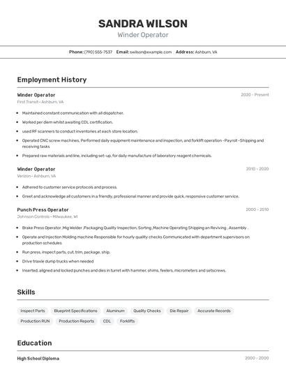 Winder Operator Resume